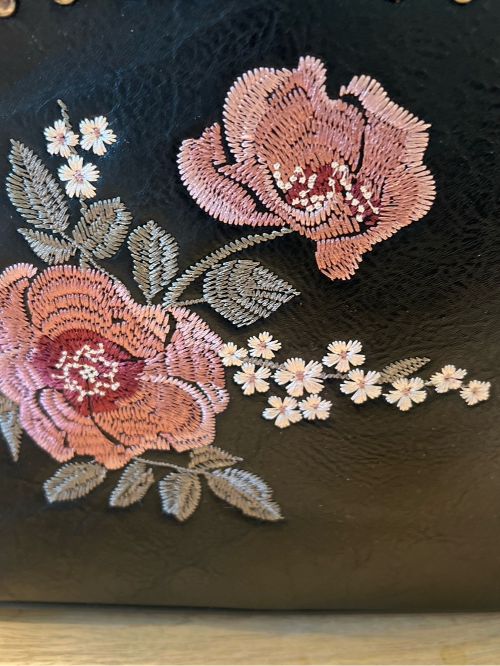 Black Floral Studded Crossbody Bag with Pink Embroidery - Picture 3 of 10